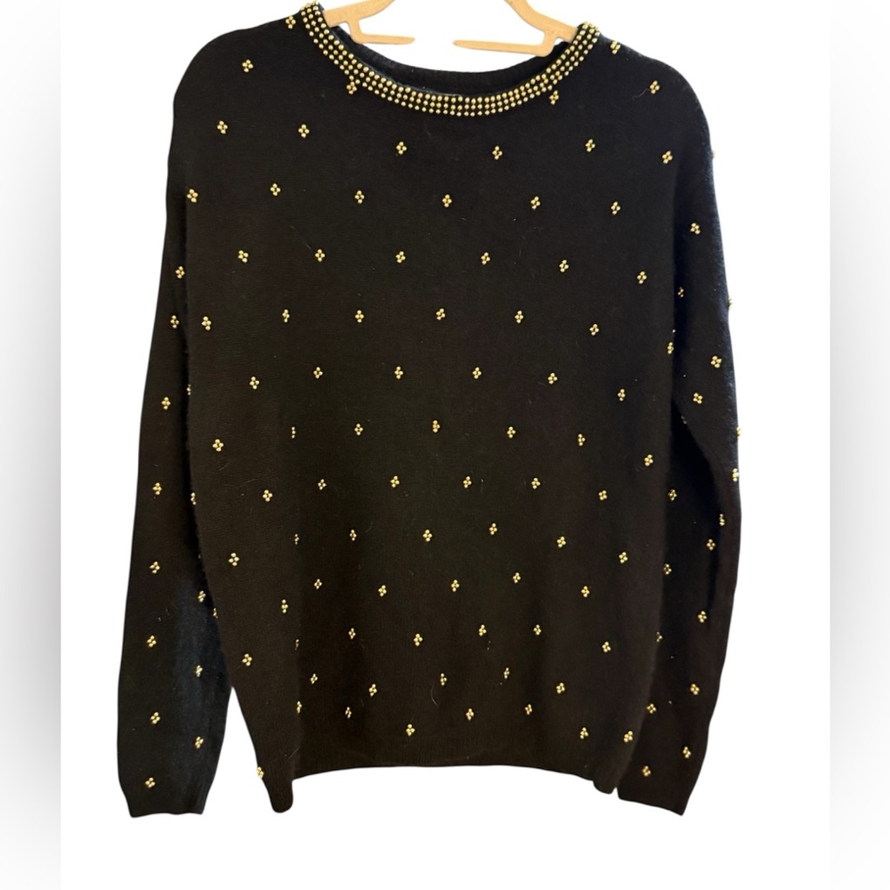 Westbound Black with Gold Embellishments Crew Neck Sweater Sz S Lambswool Blend